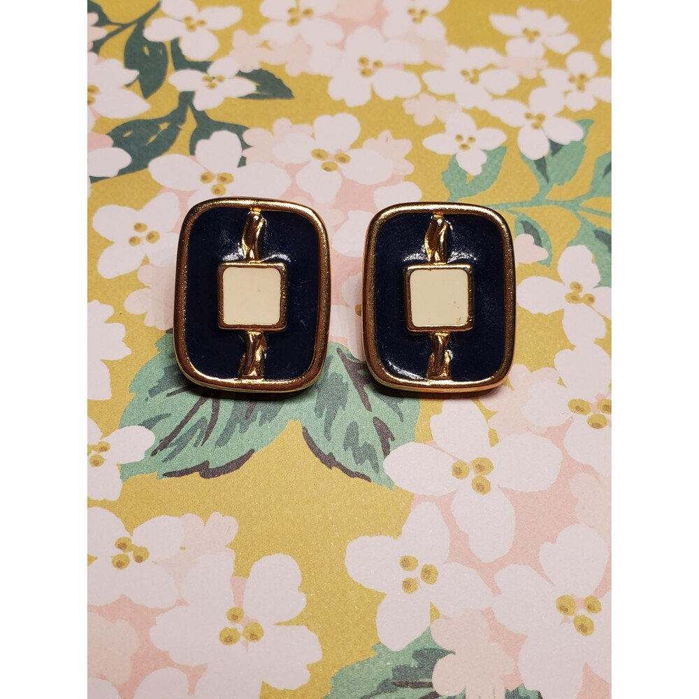 Vintage Carol Dauplaise Navy & Cream Enamel Pierced Studs, 1980s Geometric Gold-
